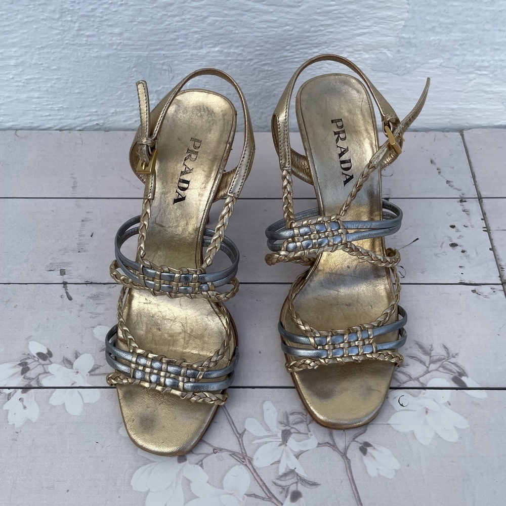 Prada Metallic Gold and Silver Braided Strap Heels